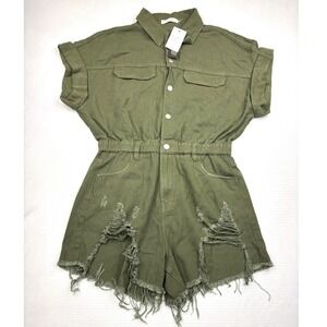 Idem‎ Ditto Romper Womens Medium NWT Olive Green Distressed Denim Snap Front